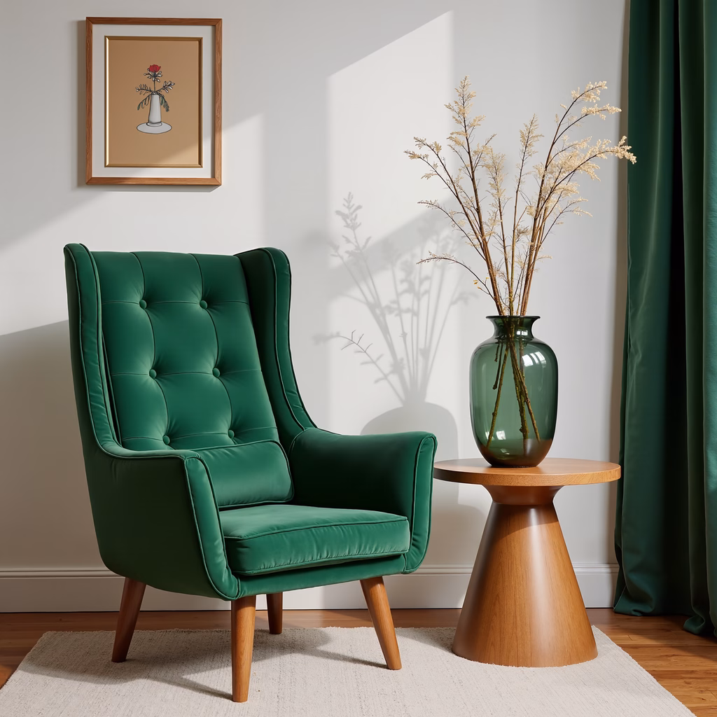 A cozy corner with a green armchair and wooden table, illuminated by natural light.