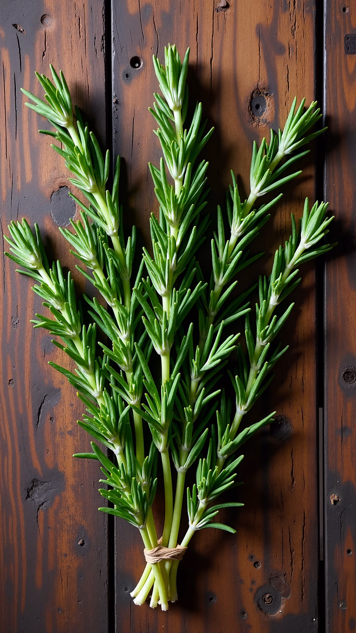 Fresh rosemary bunch on rustic wooden background