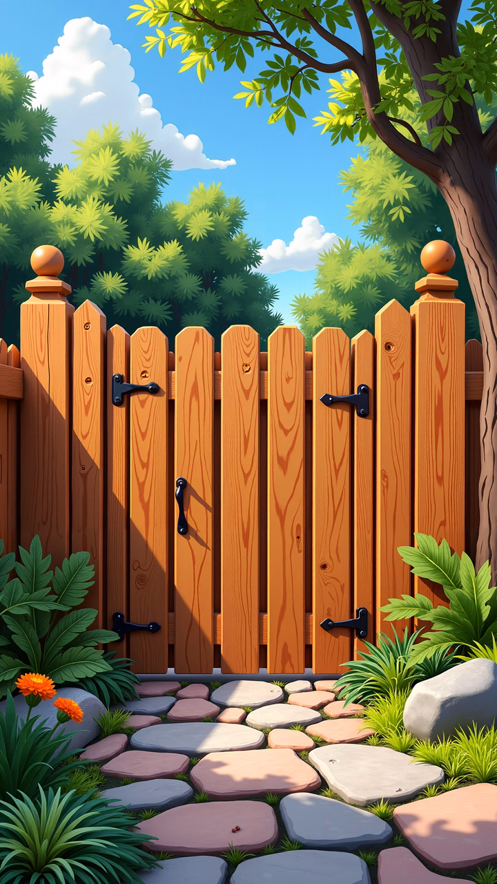 A charming garden gate surrounded by vibrant greenery and colorful flowers, inviting viewers into a peaceful outdoor space.