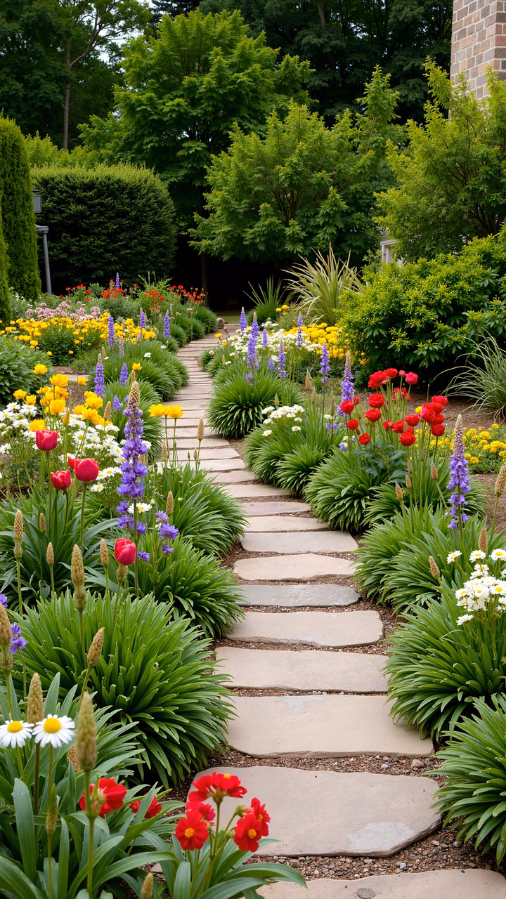 A peaceful garden path lined with colorful flowers and greenery under soft natural light.