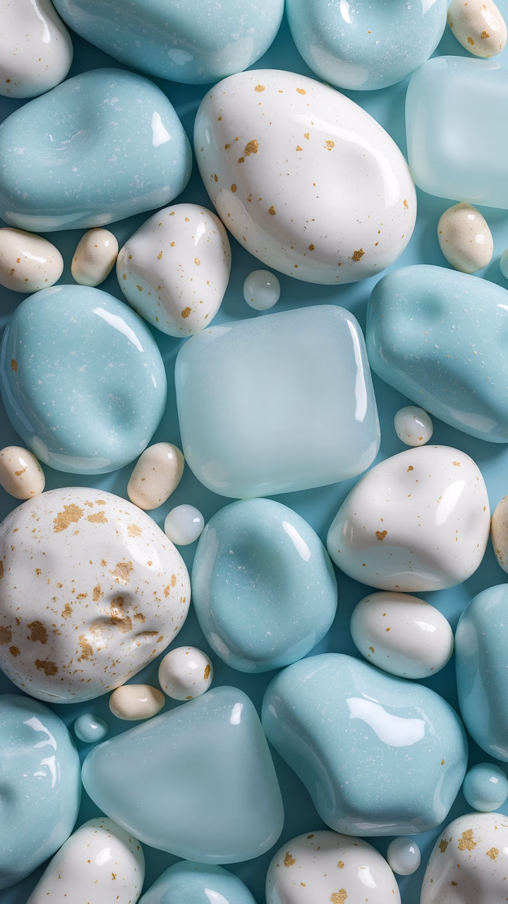 A collection of glossy pebbles in soft pastel blues and whites, speckled with gold, creating a luxurious and tranquil scene.
