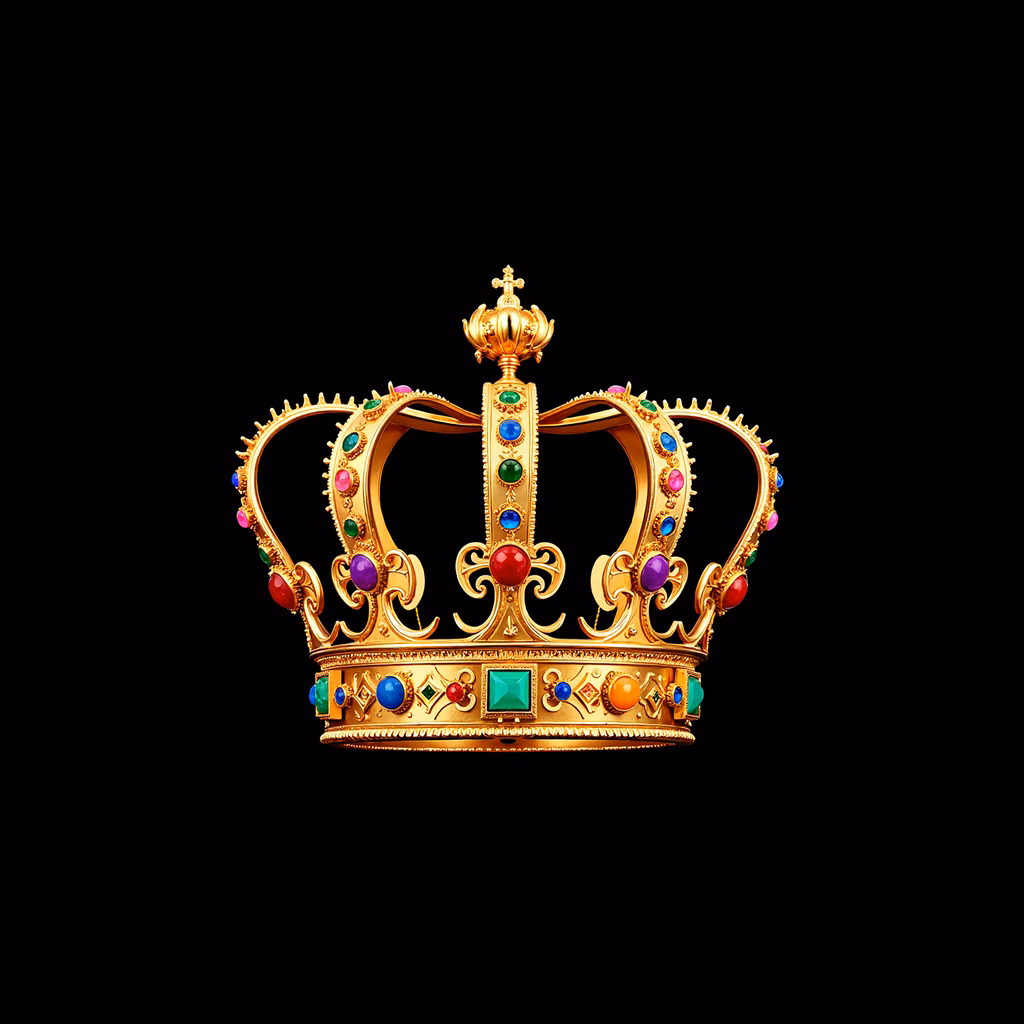 A luxurious golden crown with colorful gemstones on a black background.