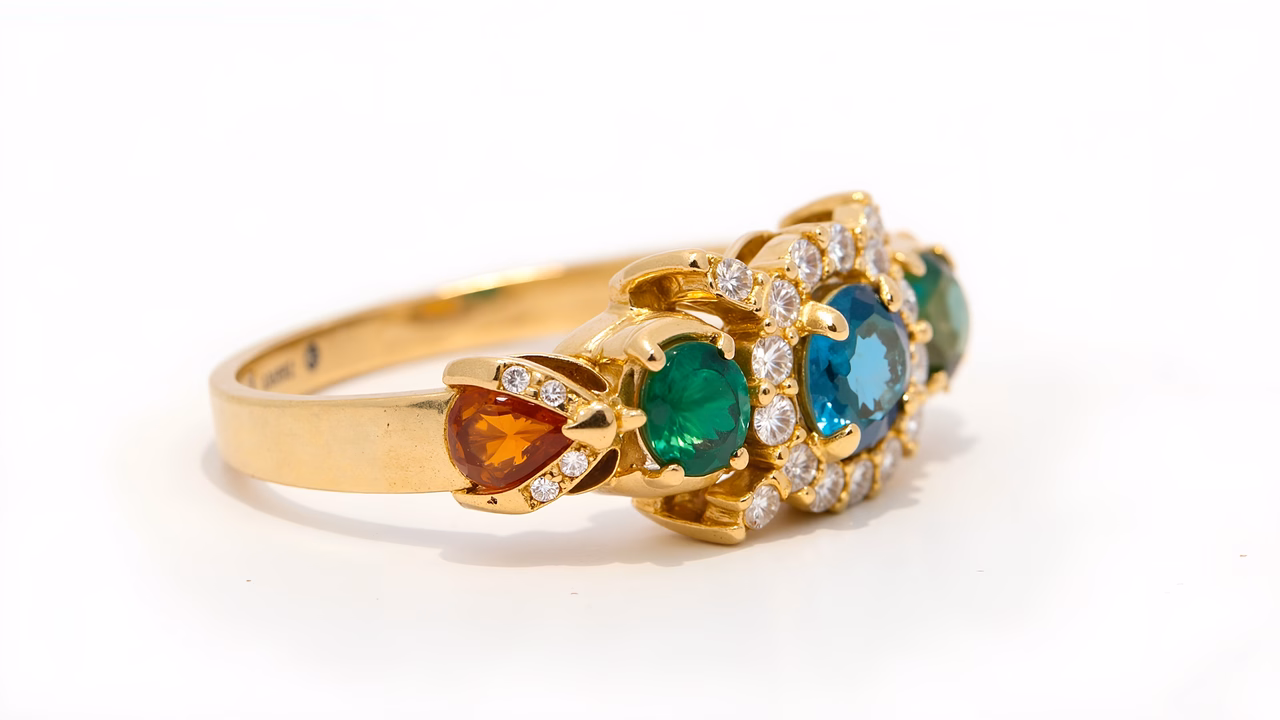 Close-up of a golden ring with colorful gemstones on a white background.