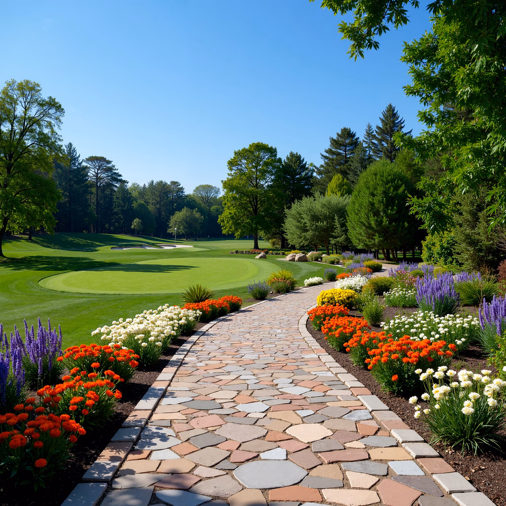 A picturesque pathway through a golf course with colorful flowers and tall trees under a clear sky.