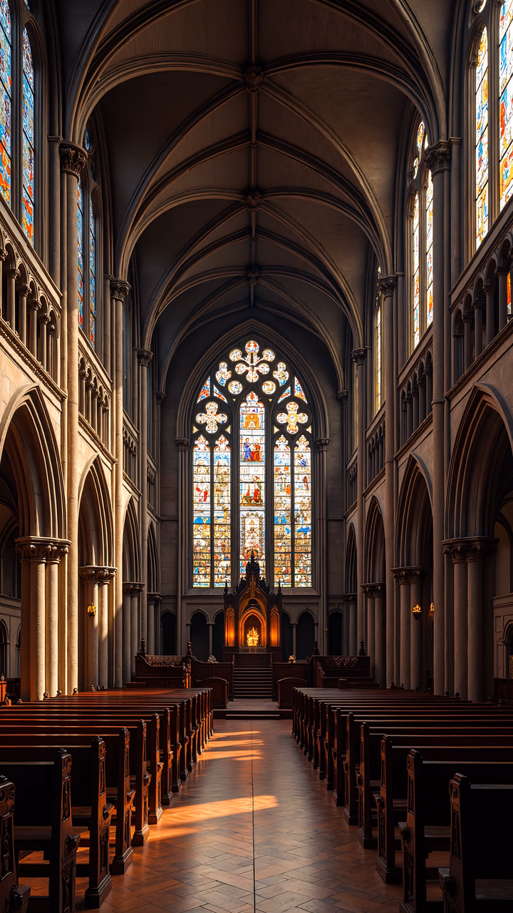 A serene Gothic cathedral interior bathed in natural light.