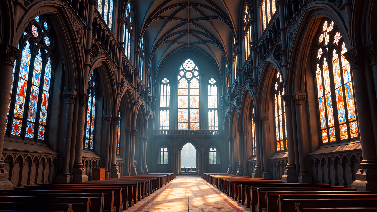 A serene and majestic Gothic cathedral interior with intricate stone arches and stained glass windows.