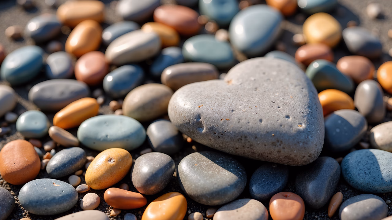 Close-up of heart-shaped pebble amidst diverse stones on a beach, capturing natural textures and sunlight.