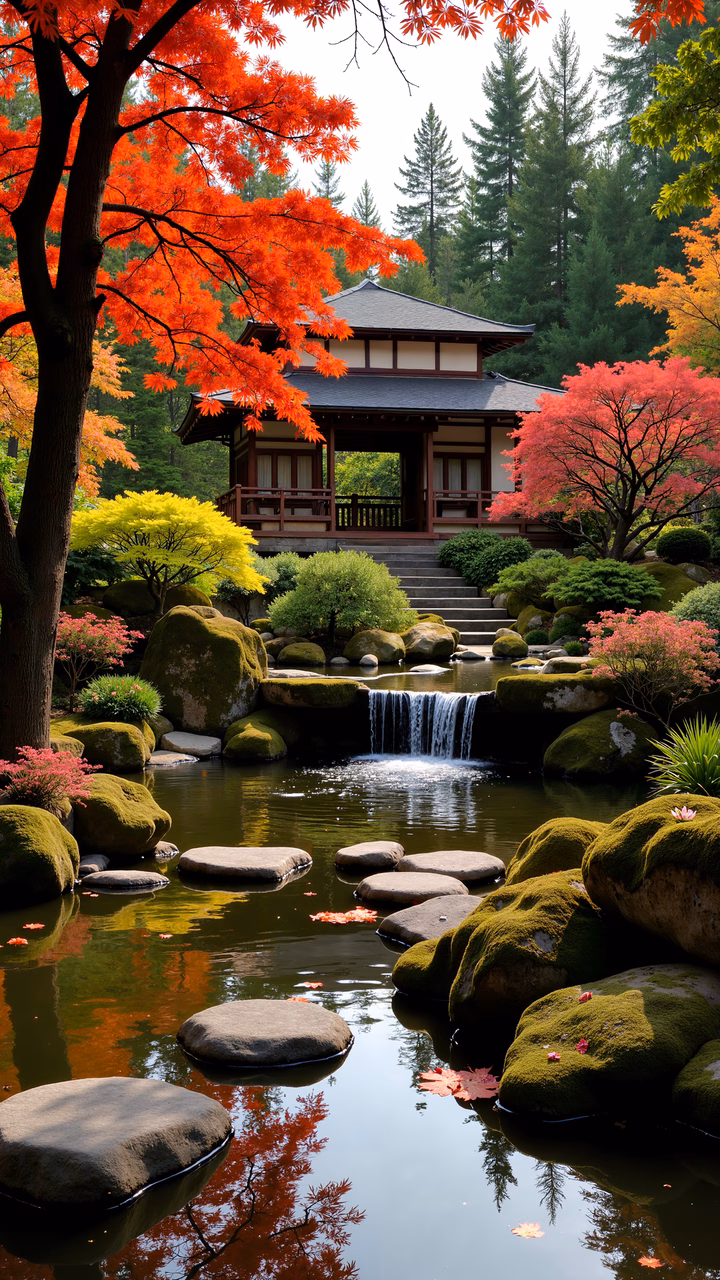 A tranquil Japanese garden with vibrant red maple trees and a traditional teahouse during autumn.