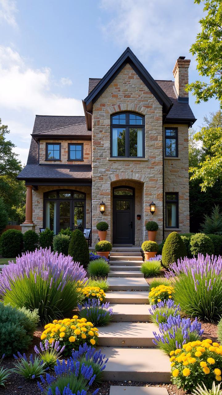 A cozy stone cottage surrounded by a beautiful lavender garden under a sunny sky.
