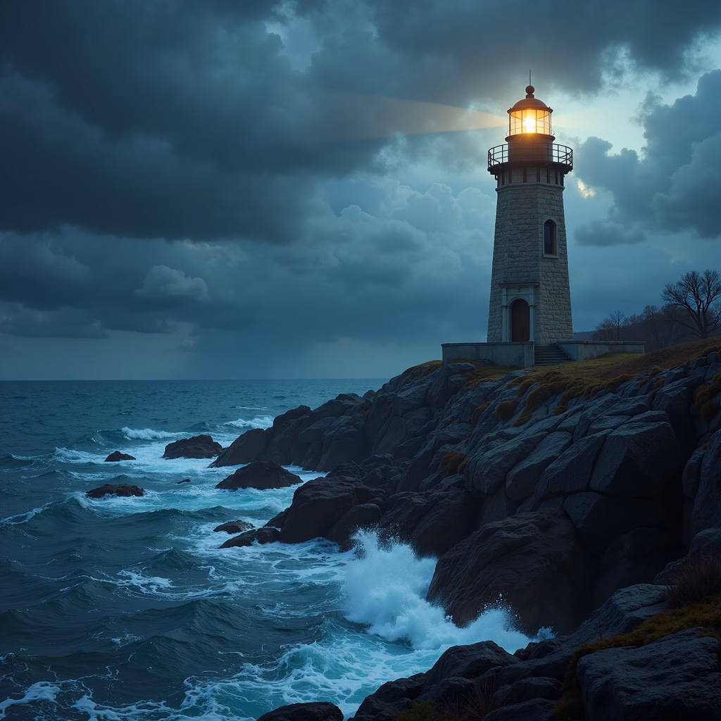 A lighthouse illuminating a stormy seascape, symbolizing hope and strength.