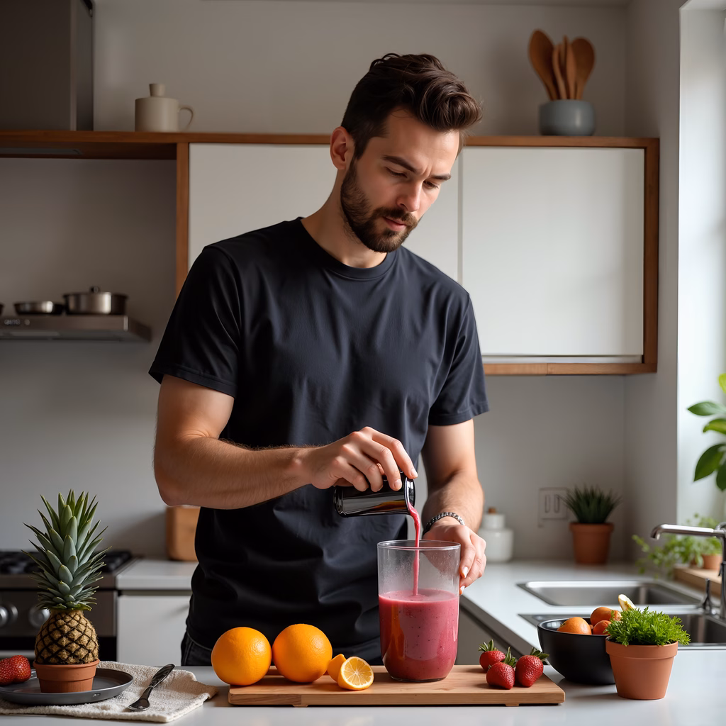 Man making a healthy pink smoothie in a bright kitchen setting.