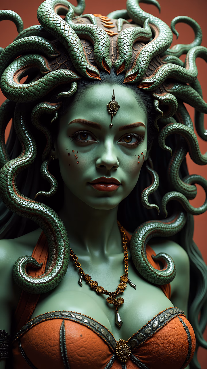Illustration of Medusa with serpentine hair, pale green skin, and fiery eyes.