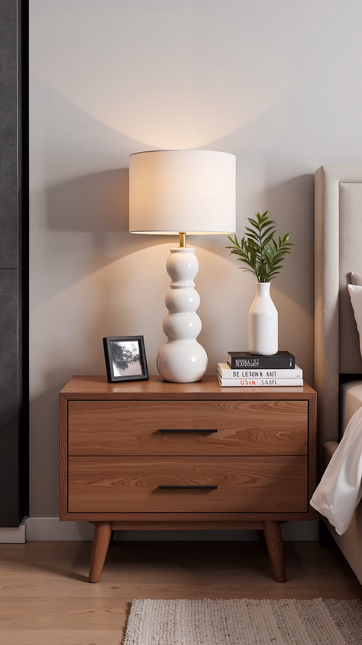 Minimalist nightstand with a modern lamp and personal touches in a cozy bedroom.