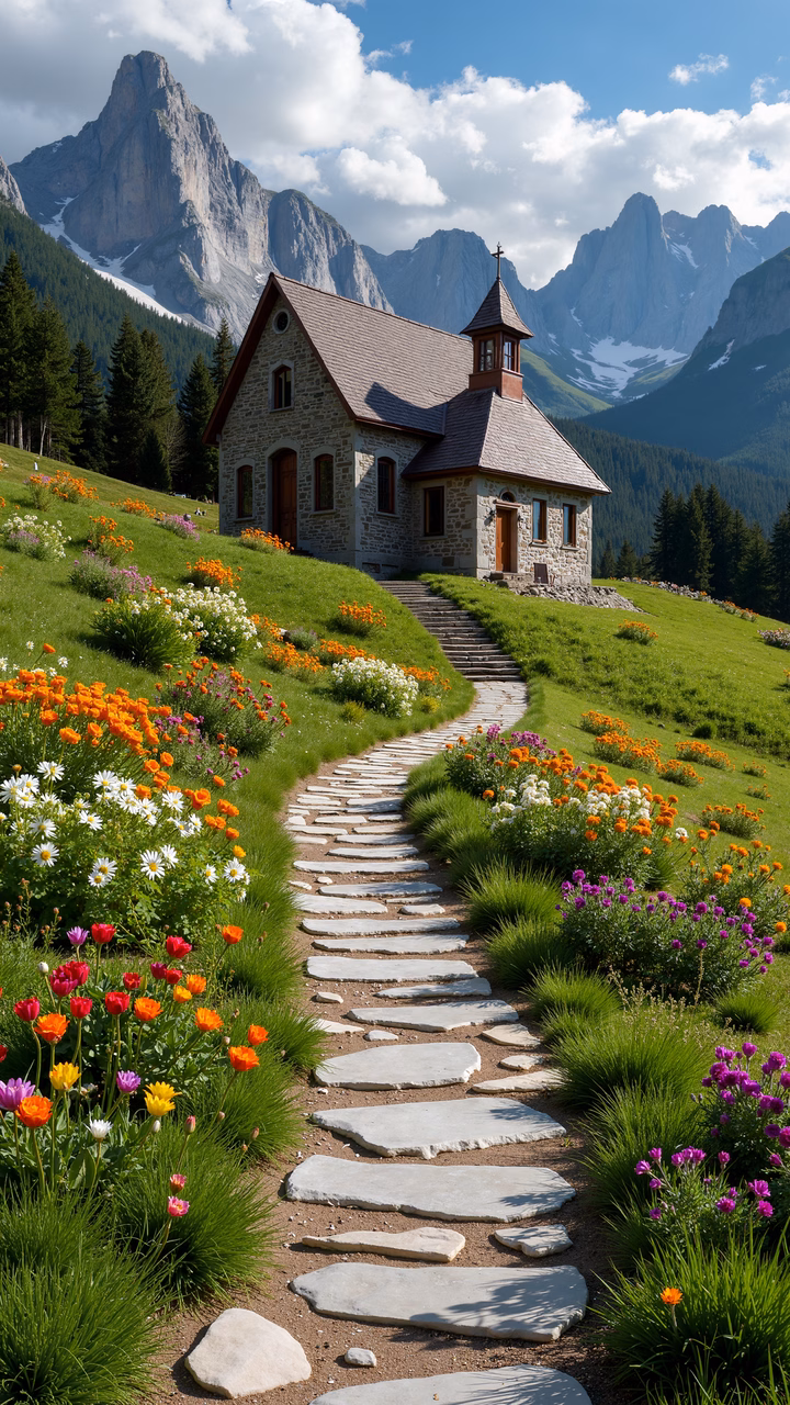 A picturesque stone chapel surrounded by colorful wildflowers and towering mountains.