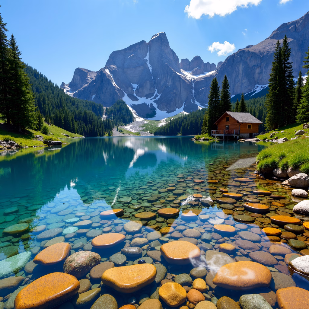 A tranquil mountain lake reflecting the sky and peaks, surrounded by vibrant pebbles and a wooden cabin.