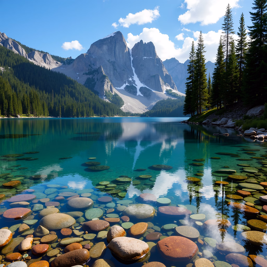 Serene mountain reflections in a tranquil turquoise lake.