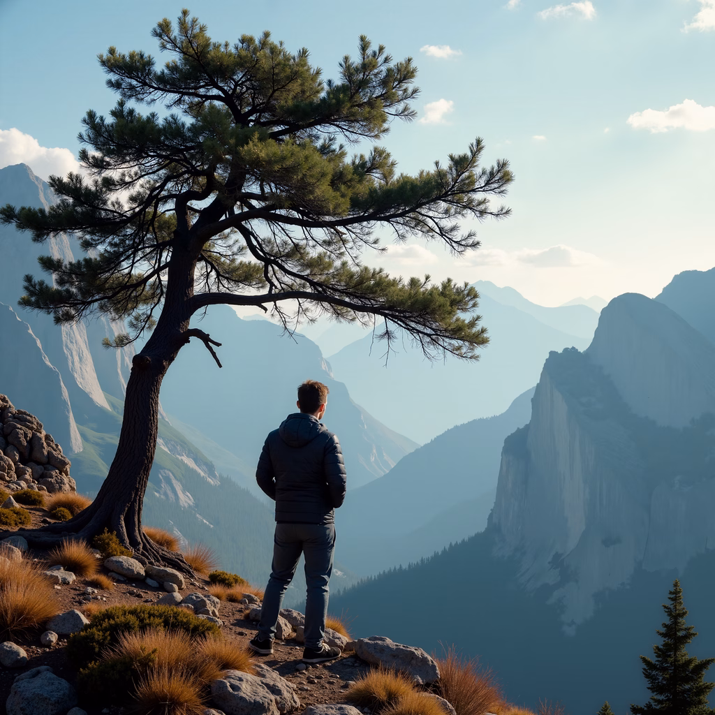 A solitary figure overlooking majestic mountains under a tranquil sky.
