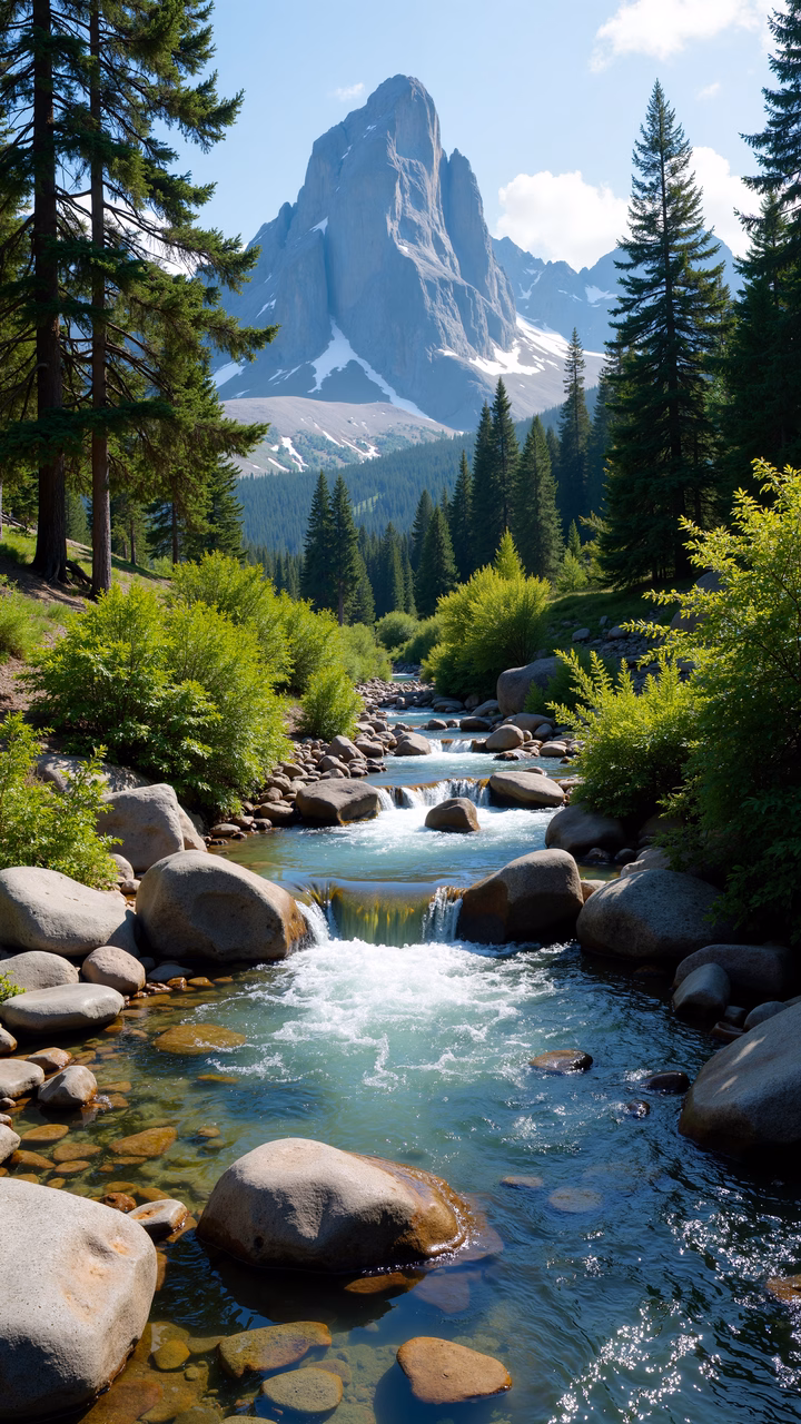 A tranquil mountain stream surrounded by verdant forests and towering mountains.