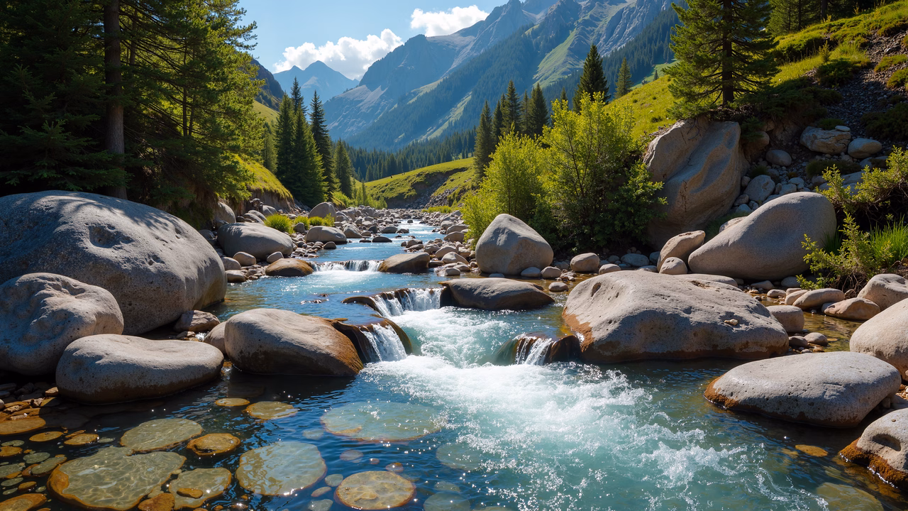 A tranquil mountain stream surrounded by lush greenery and rugged boulders, illuminated by natural light.