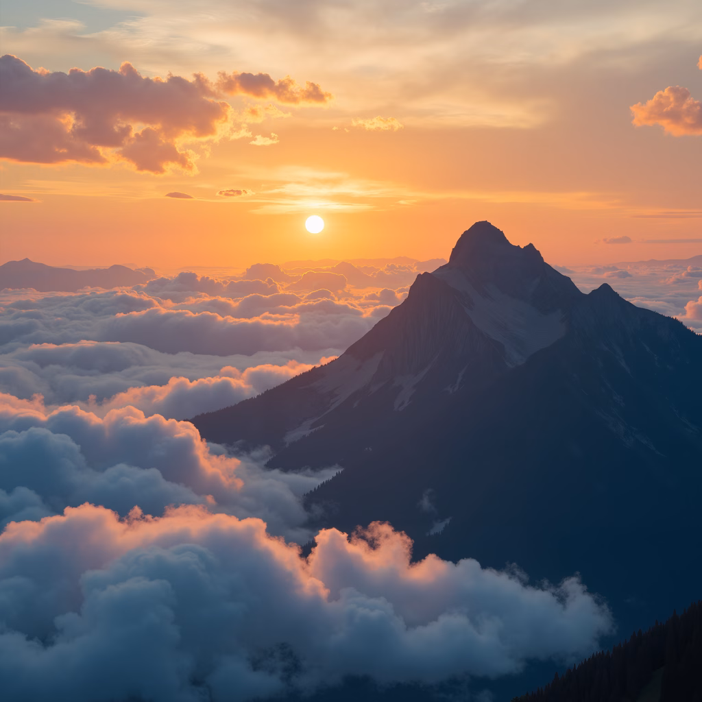 A stunning sunset over mountain peaks, capturing the beauty of nature with vibrant colors and serene atmosphere.