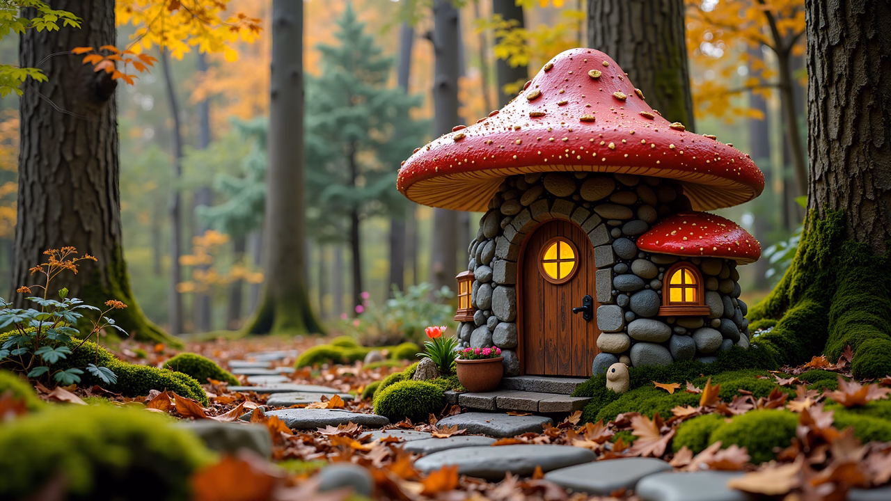 Whimsical mushroom cottage in a magical forest setting.