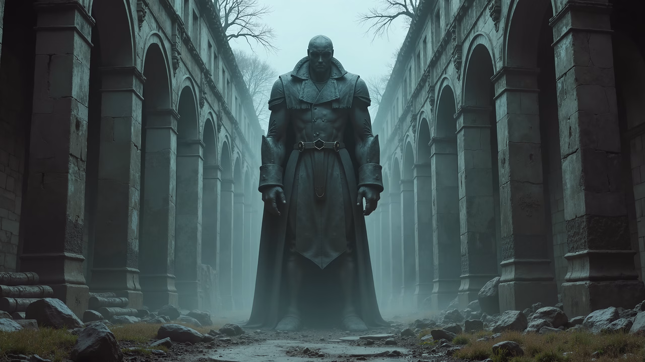Mysterious guardian standing in a foggy courtyard surrounded by ancient ruins.