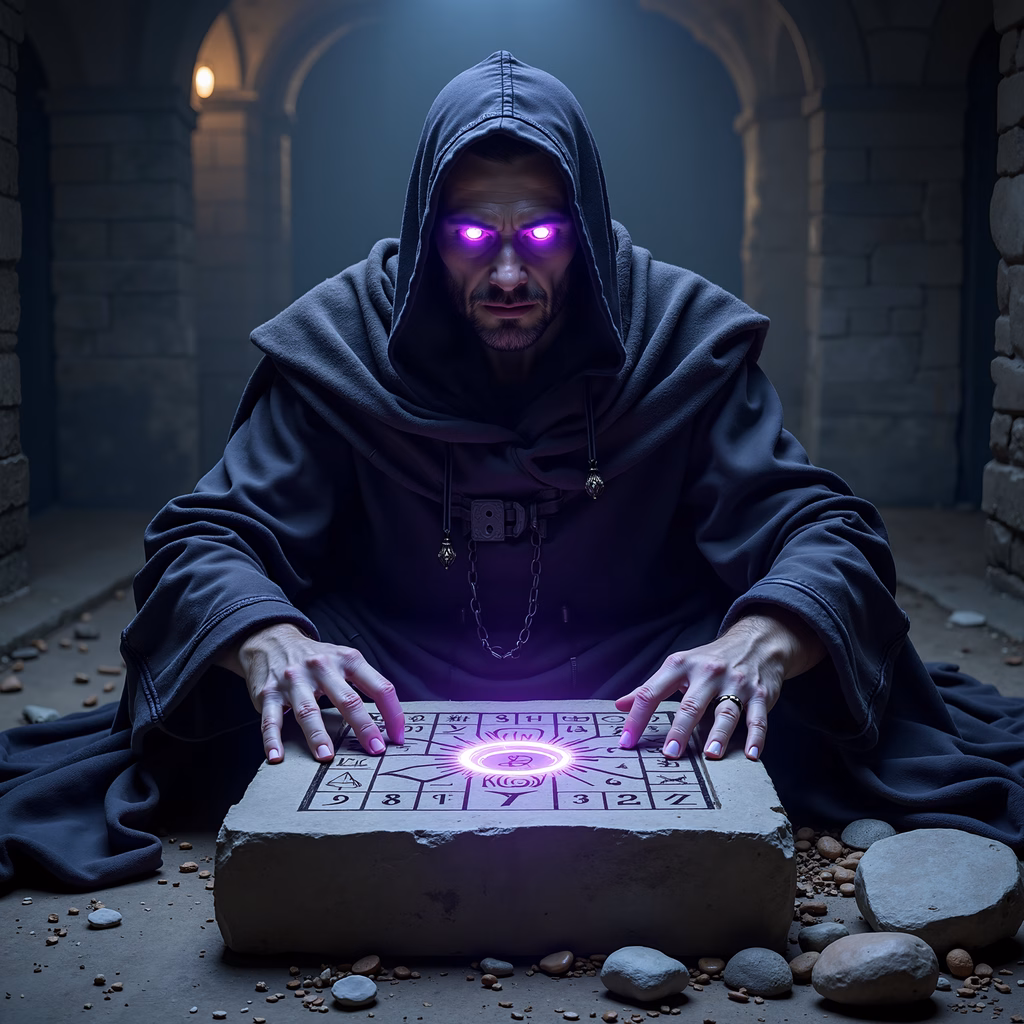 Mysterious spellcaster with glowing eyes casting ancient magic in a dimly lit chamber.