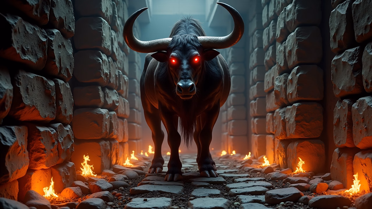 Mysterious bull with glowing eyes in a stone corridor illuminated by fire.