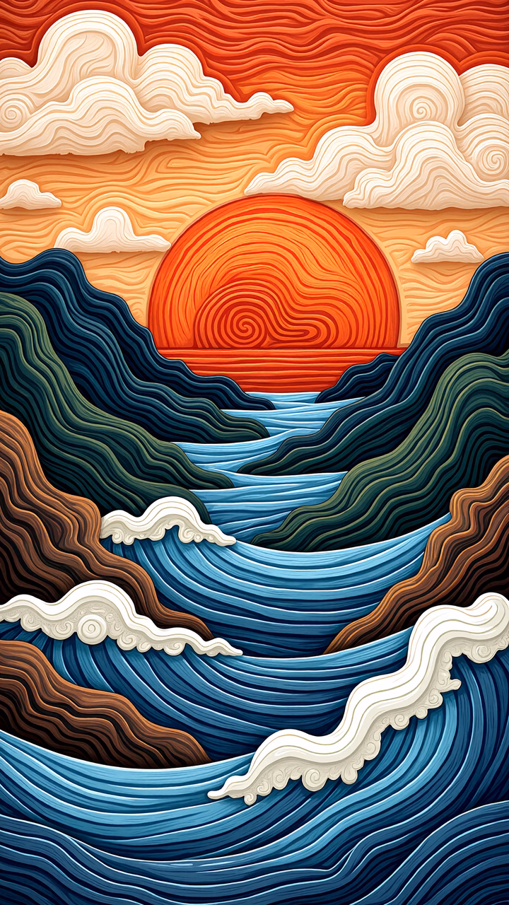 Vibrant ocean waves under a dramatic sunset, illustrating motion and tranquility.