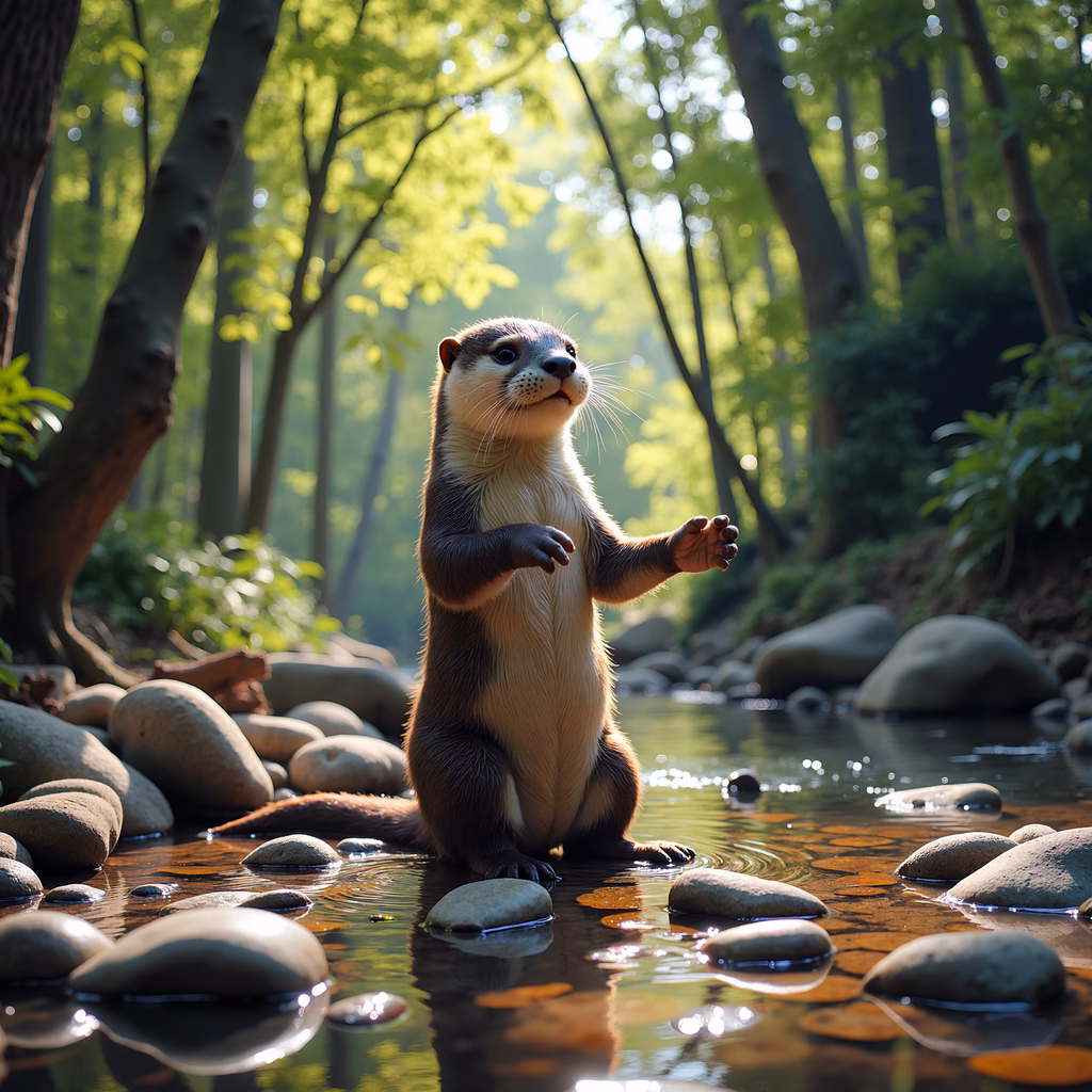 A cute otter stands by a forest stream, surrounded by nature's beauty.