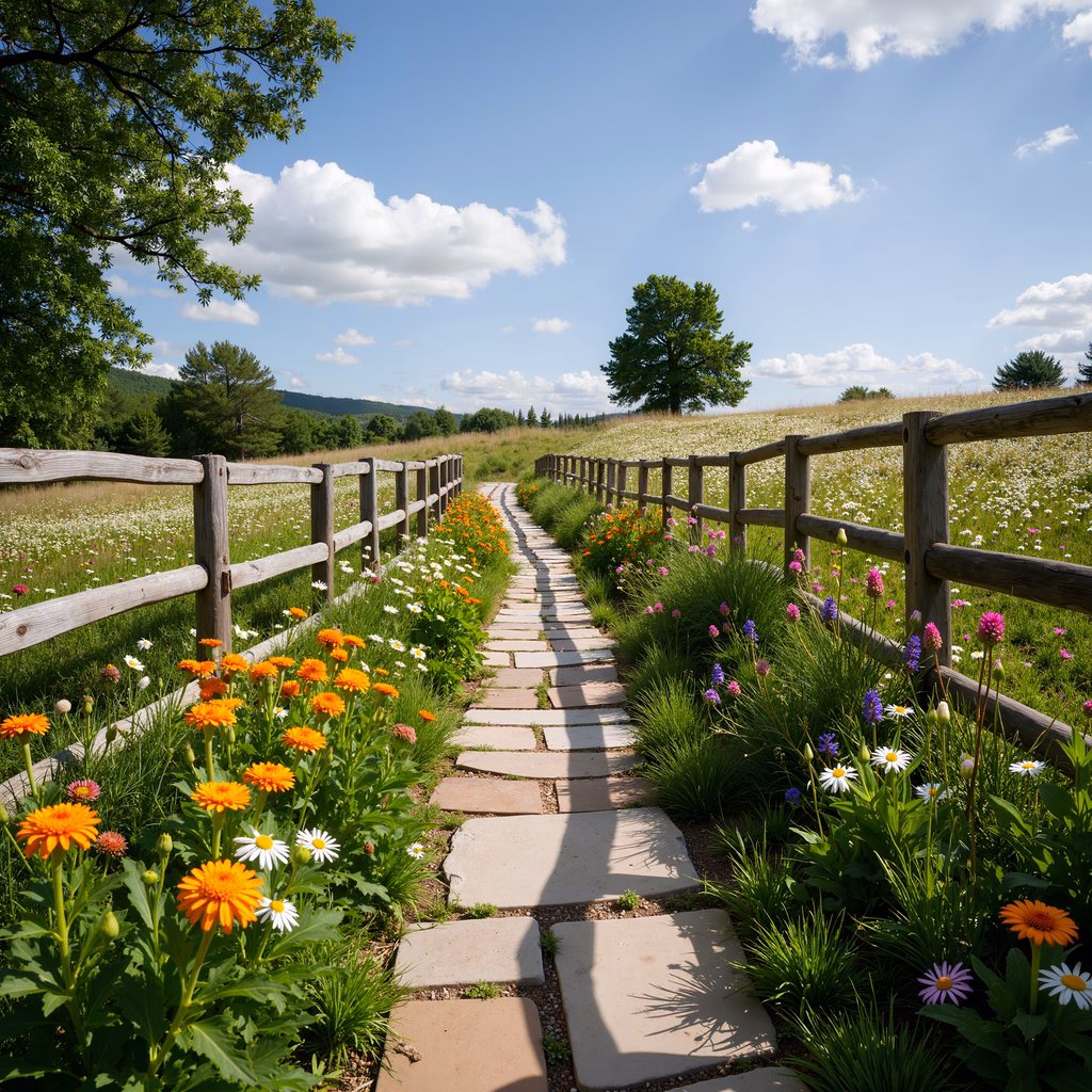 A tranquil pathway lined with colorful flowers under a bright sky.