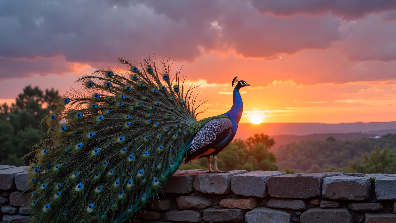 A stunning peacock at sunset, showcasing its vibrant feathers against a colorful sky.