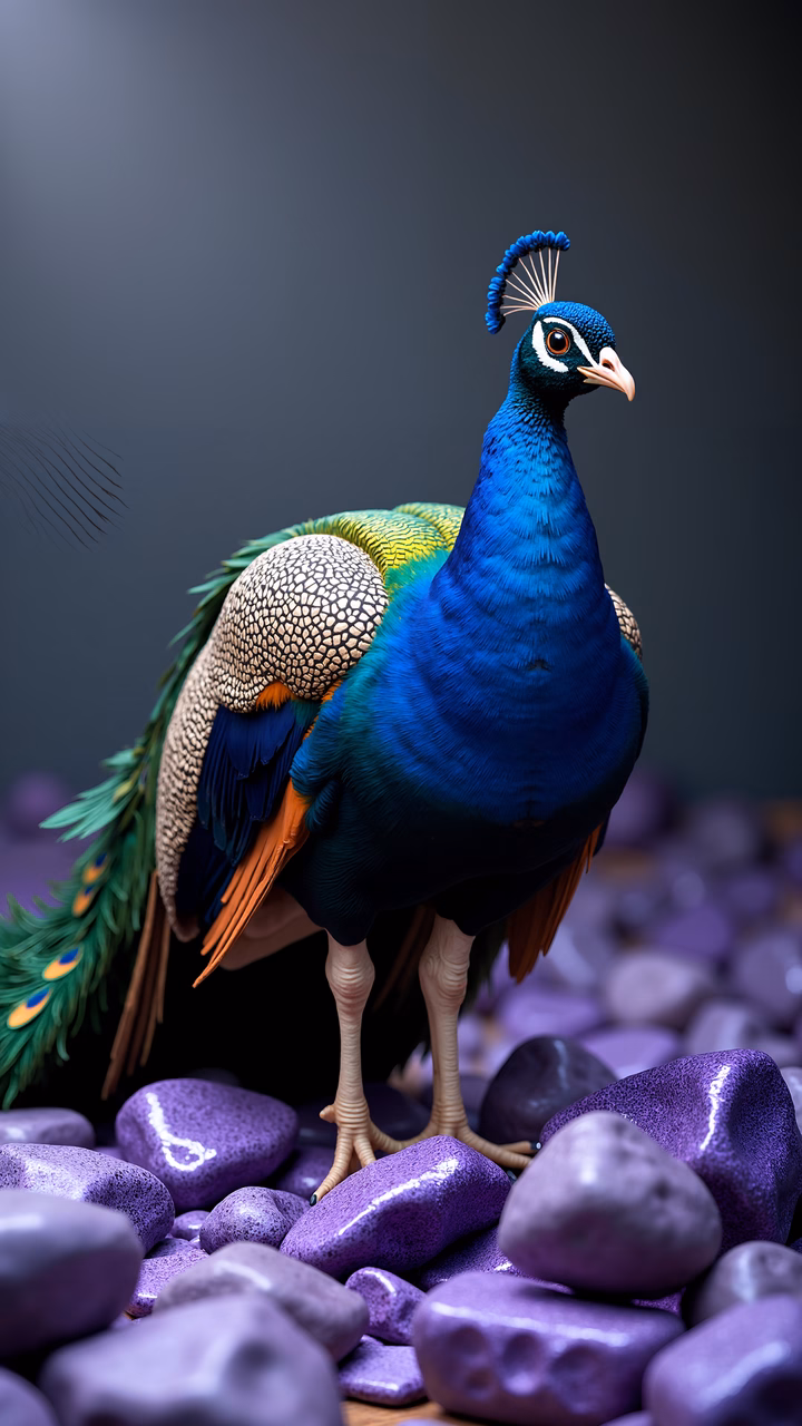 A stunning peacock perched on purple rocks, showcasing its colorful plumage and elegant posture.