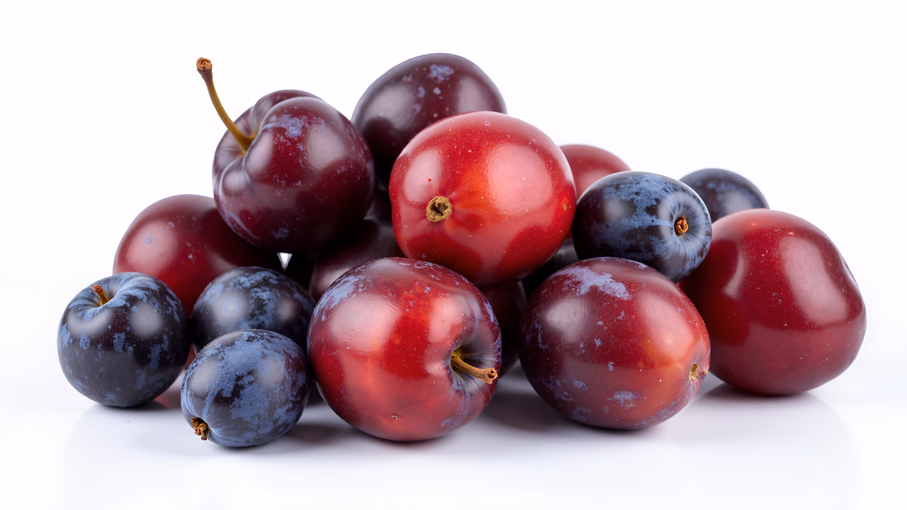 Glistening plums in various shades, captured in a studio setting.