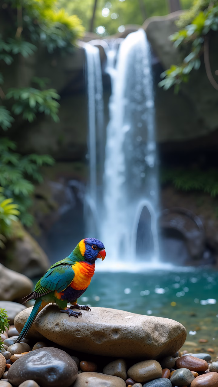 A colorful lorikeet near a waterfall in a lush natural setting.