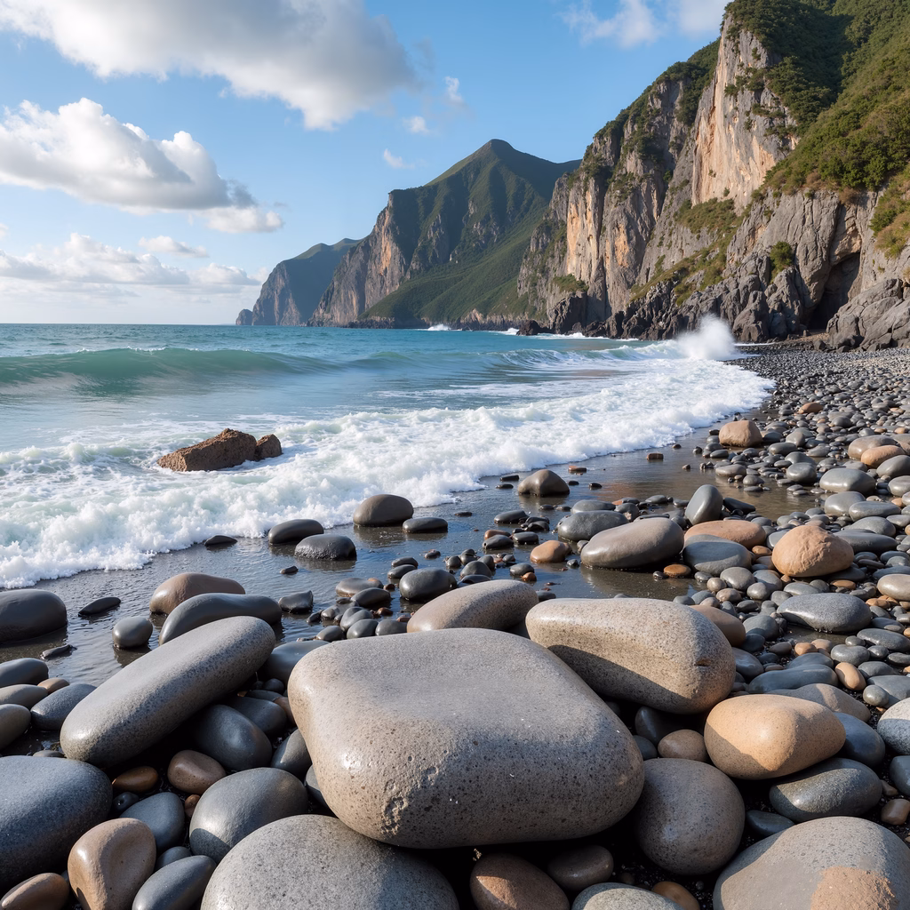 Peaceful rocky beach with crashing waves and verdant cliffs.