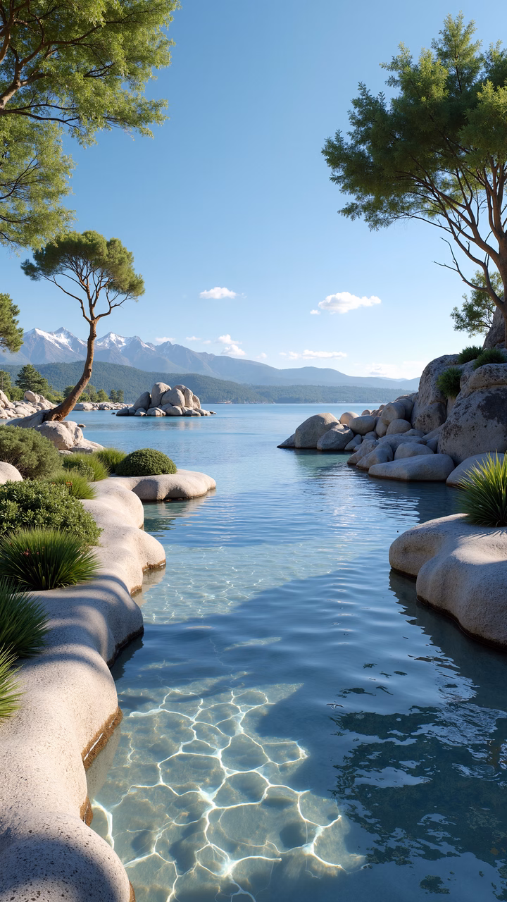 A serene lakeside scene with clear water, greenery, and distant mountains.