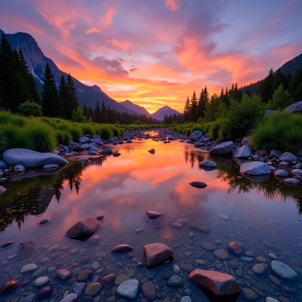 A serene sunset reflected in a calm river, surrounded by lush greenery and rugged mountains.