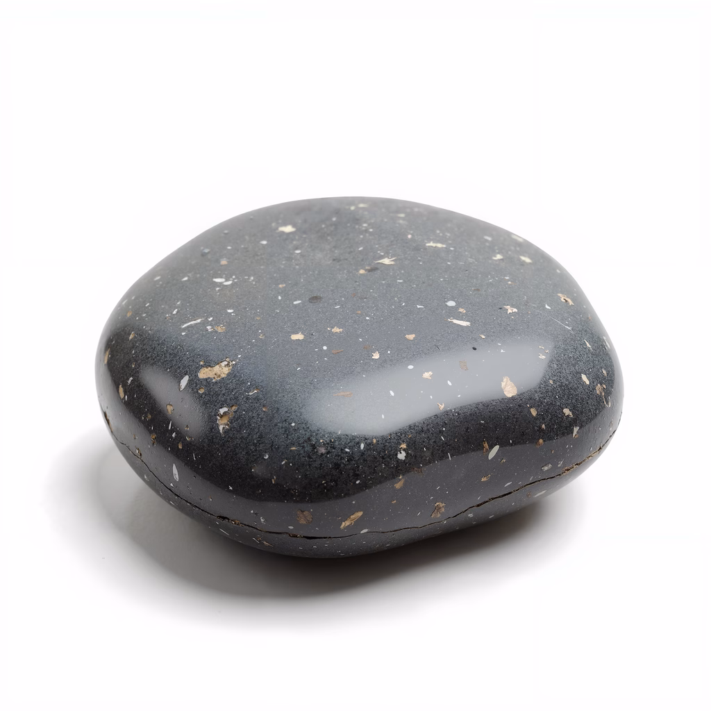A close-up of a smooth pebble with a glossy surface, set against a white background.