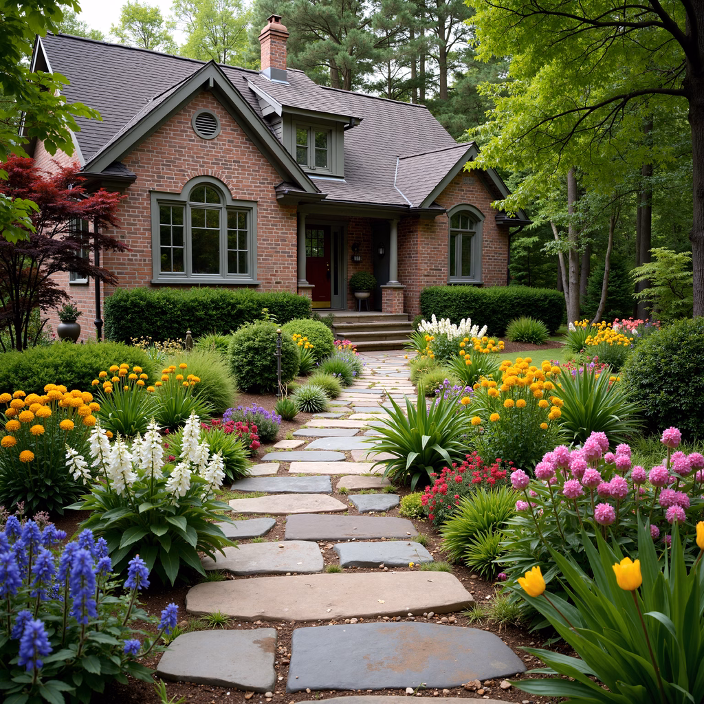 A picturesque cottage surrounded by a blooming spring garden.