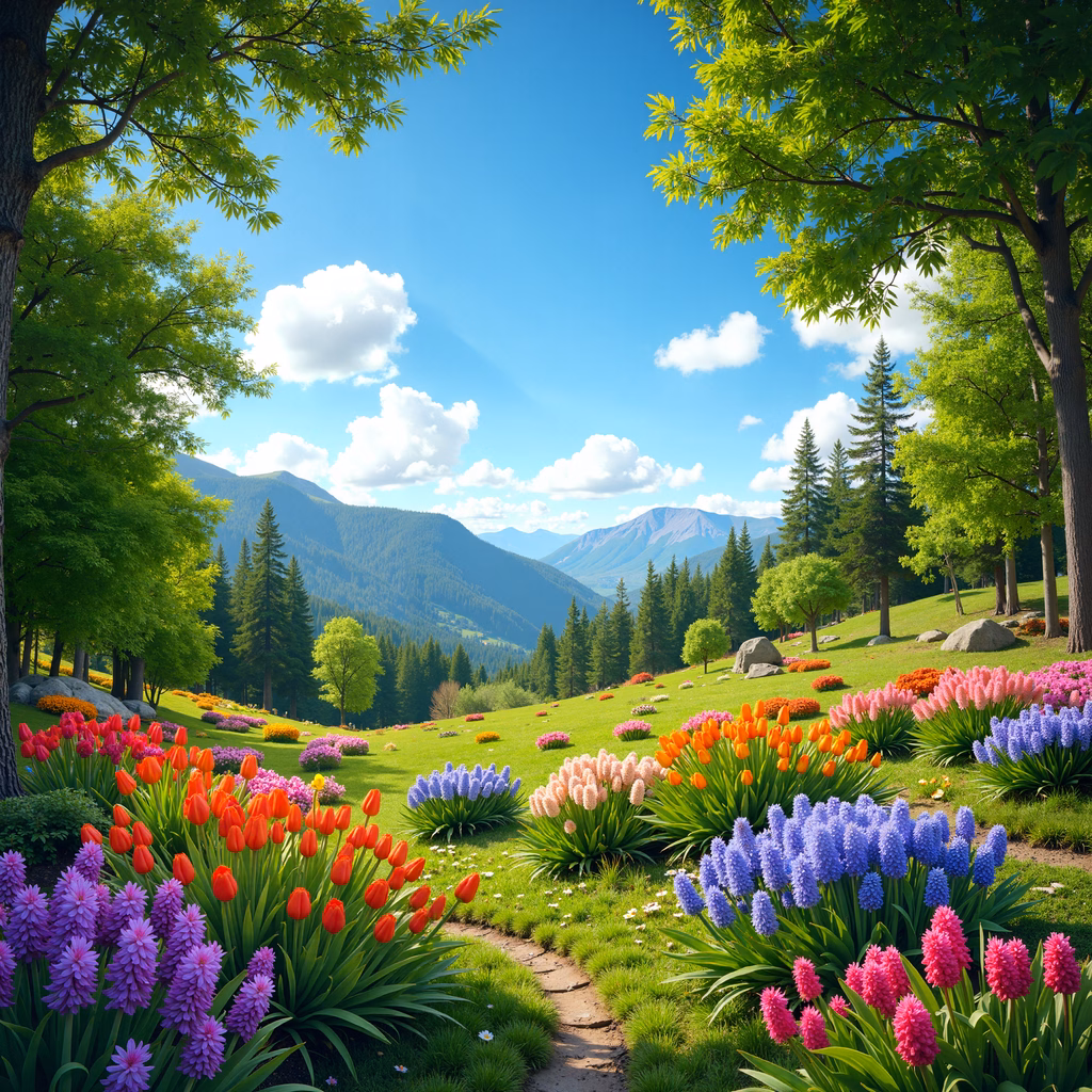A picturesque spring garden with blooming flowers and towering mountains.