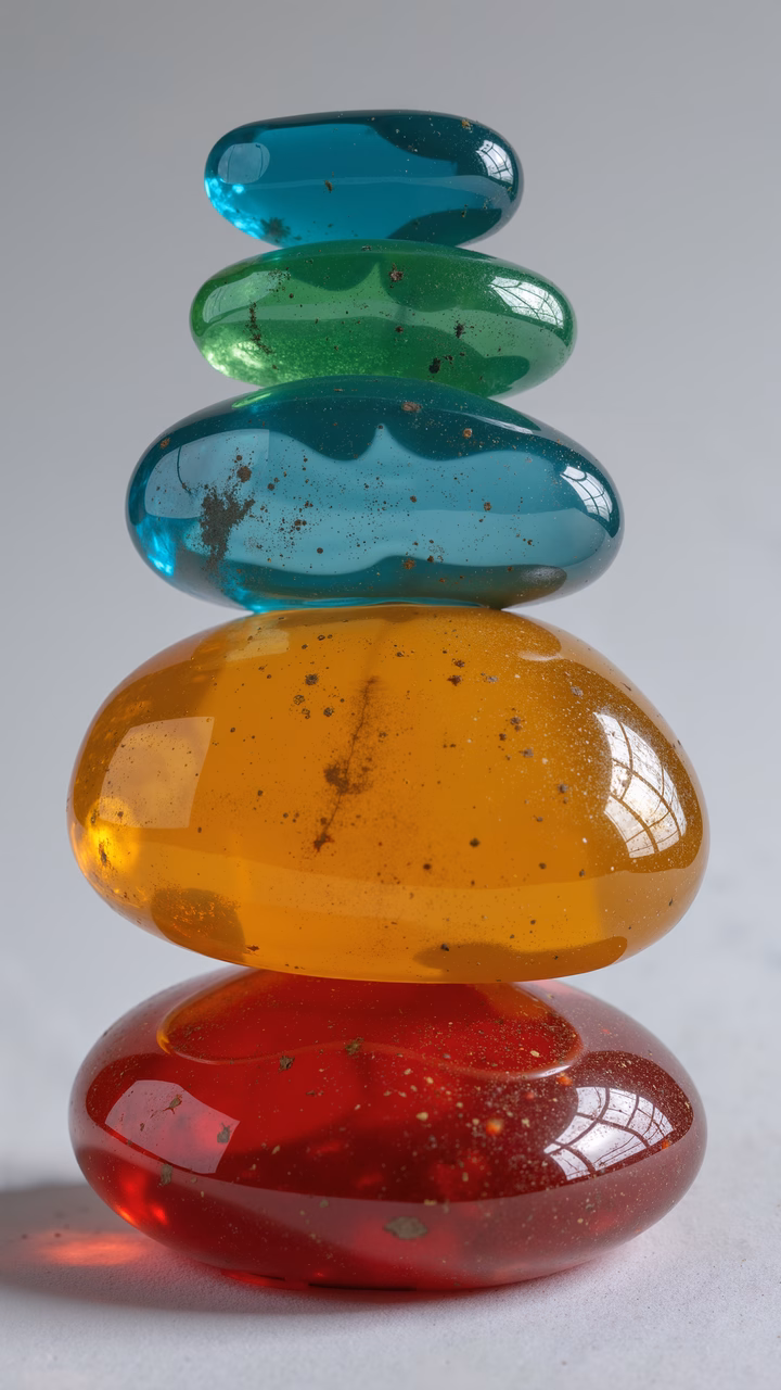 Translucent stones stacked in vibrant colors, showcasing natural textures and light reflections.