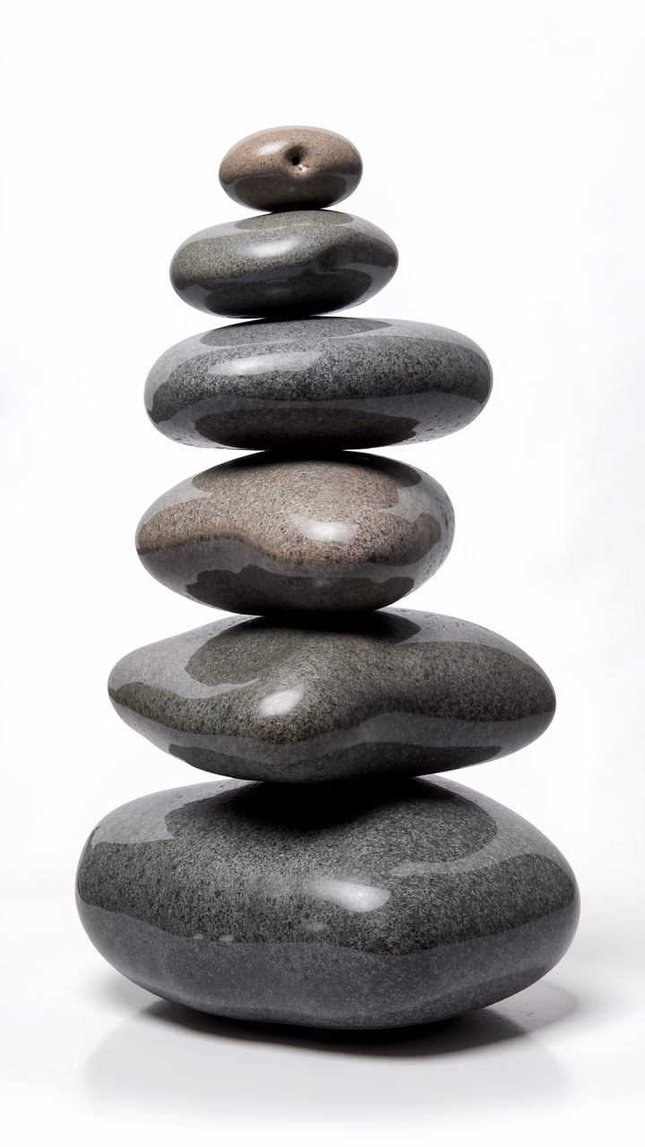 Minimalist still life of glossy stacked stones on white backdrop.