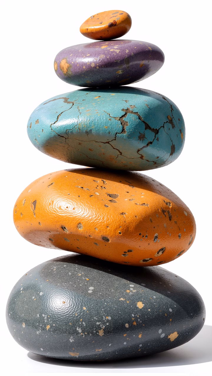 Five colorful stones stacked against a white backdrop, showcasing natural textures and vibrant hues.