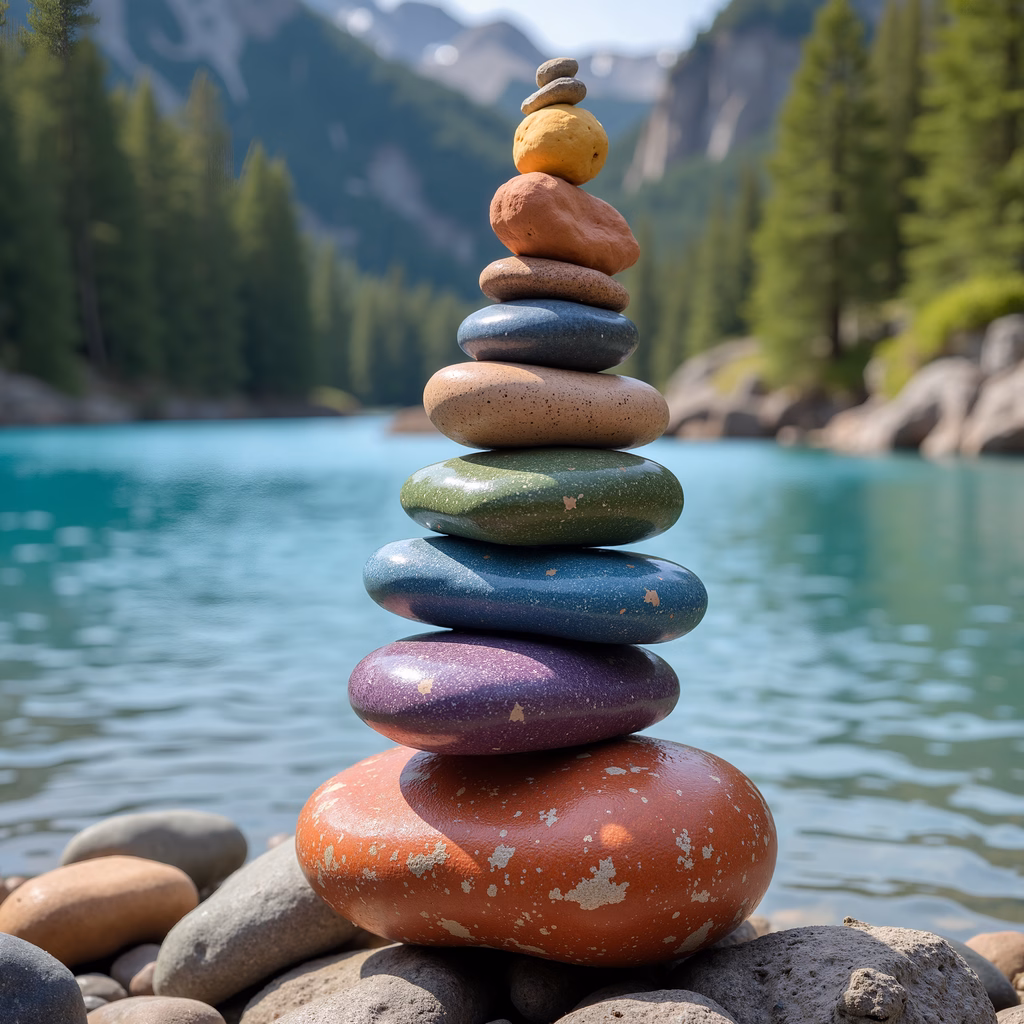 Vibrant stone stack by tranquil lake, nature's balance.