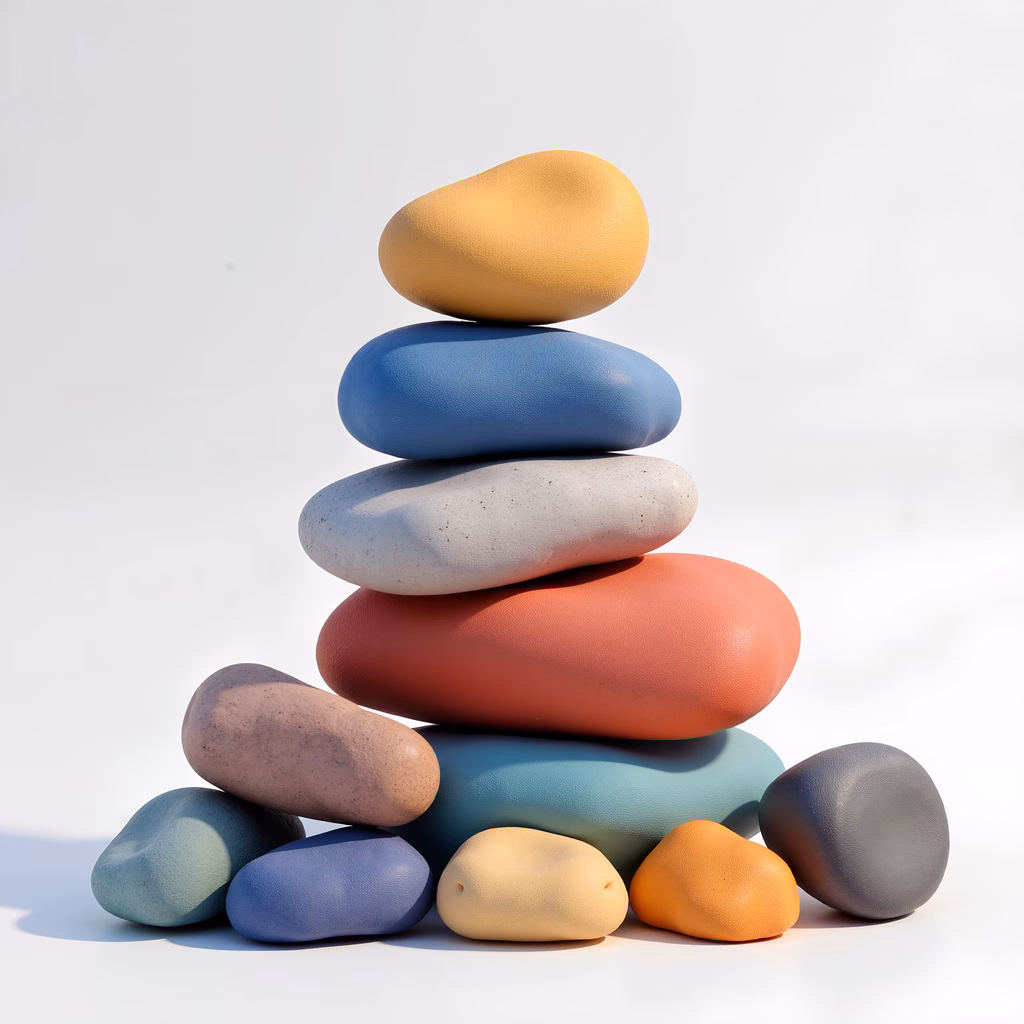 A balanced stack of colorful stones against a white backdrop, symbolizing stability and tranquility.