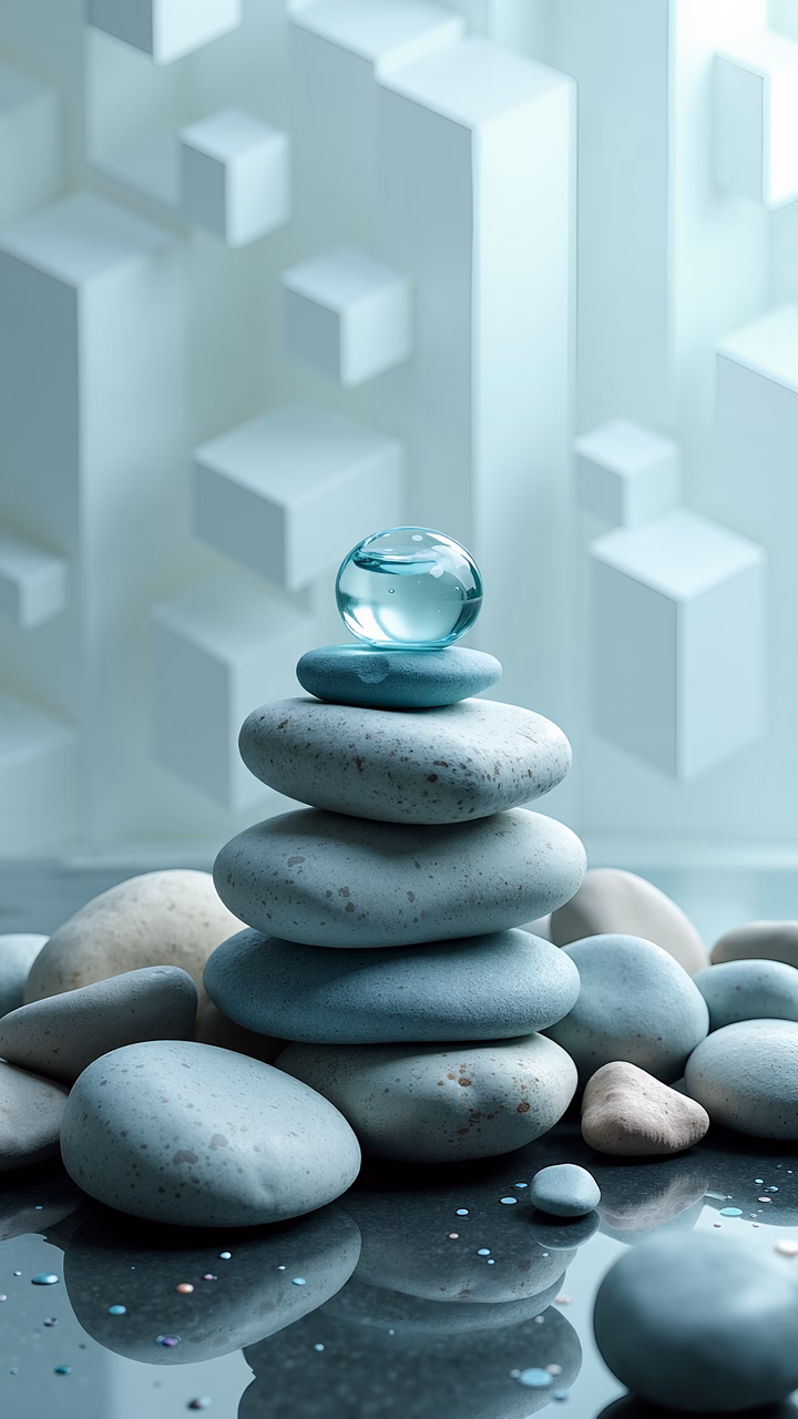 A balanced stack of stones topped with a glass orb, set against a soft geometric backdrop.