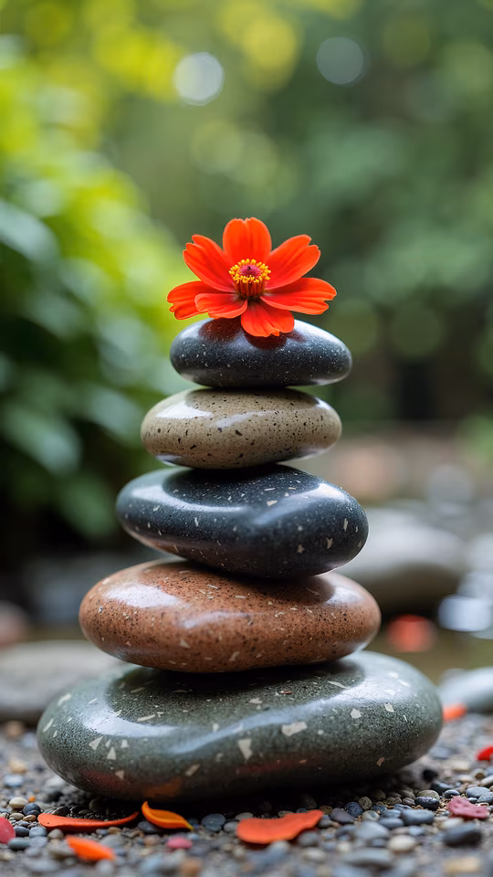 Stacked Stones with Red Flower