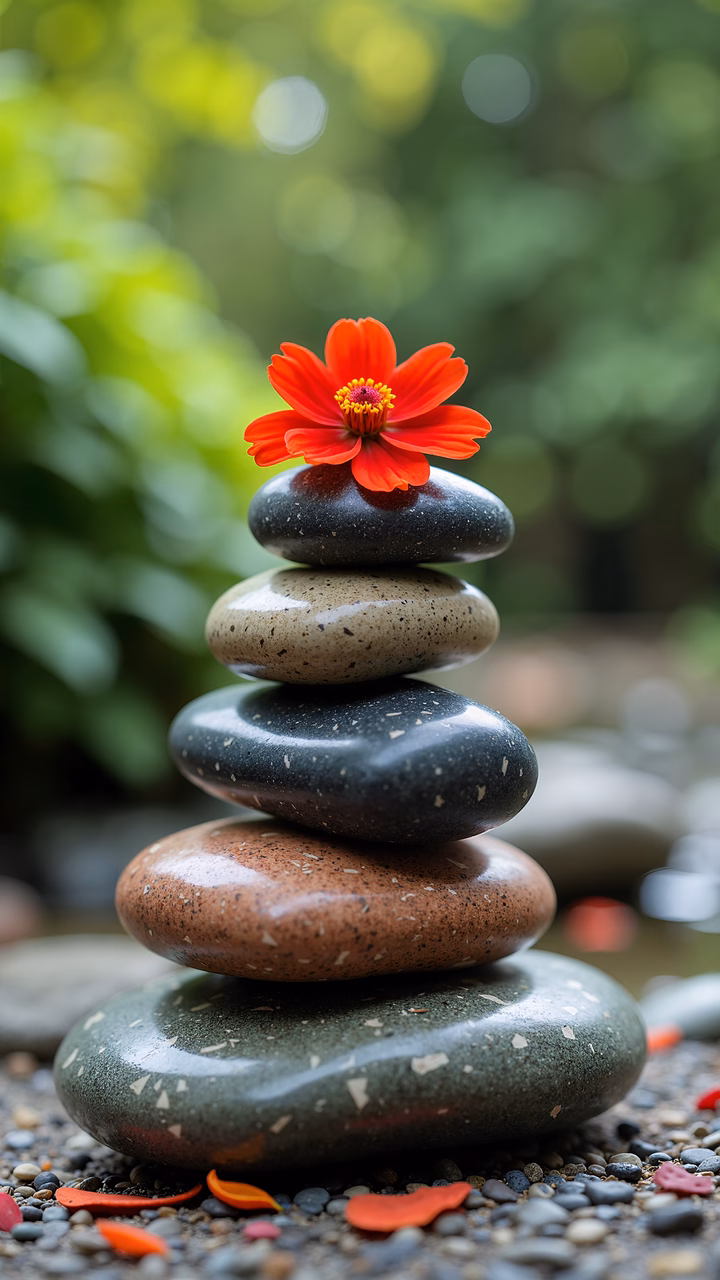 Balanced stones with a striking red flower amidst greenery.