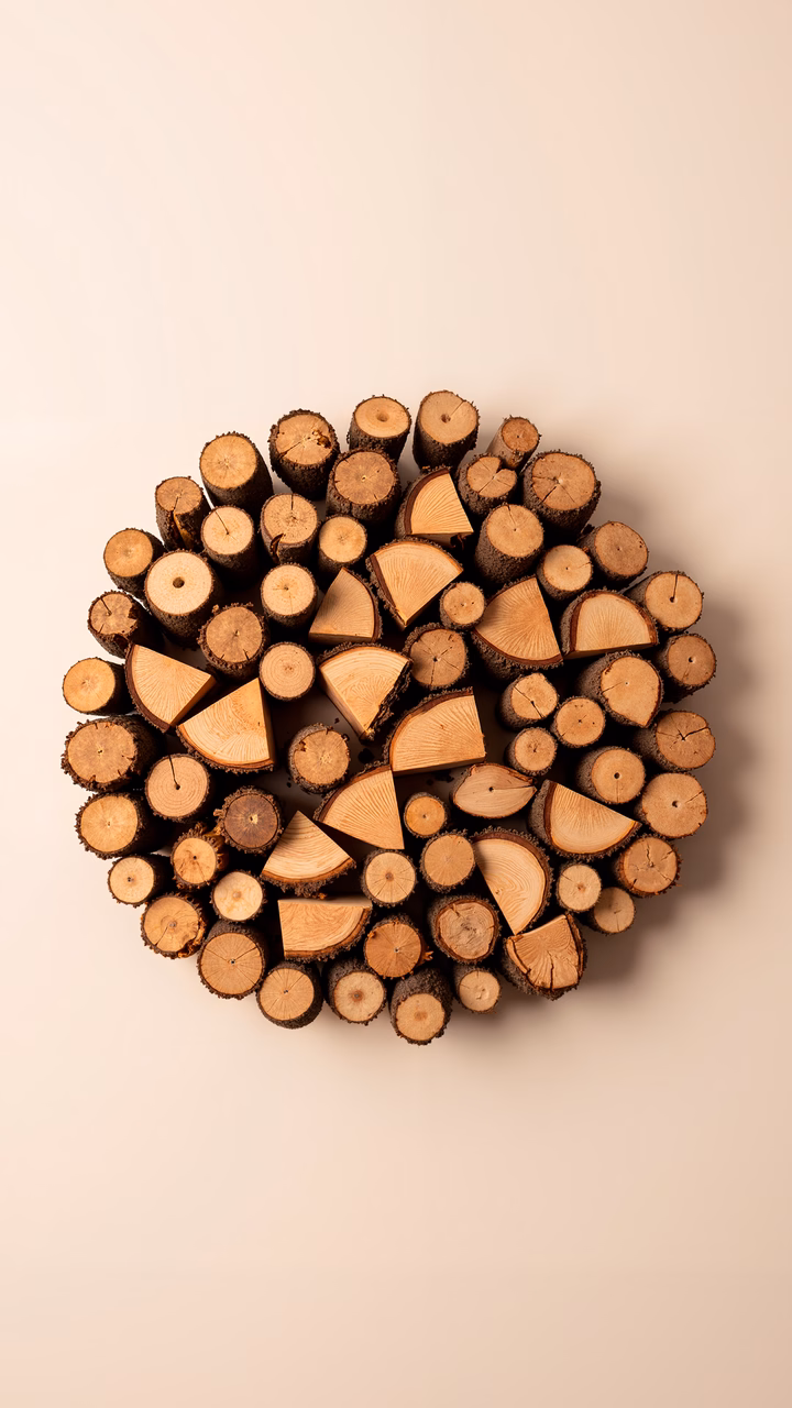 Circular arrangement of wood slices on a neutral background.